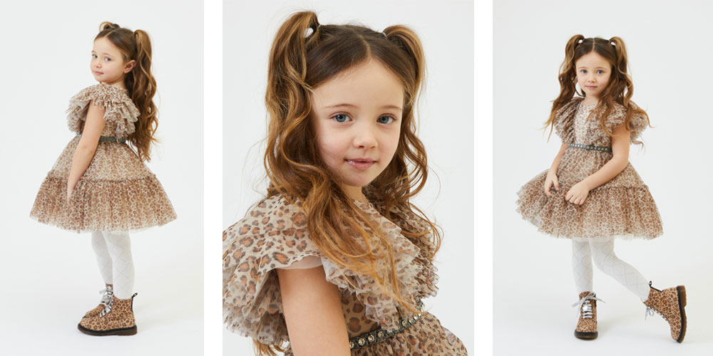 ekskluzywna sukienka tiulowa dla dziewczynki w panterkę z paseczkiem ozdobionym kryształami - kolekcja luksusowych ubrań dla dzieci Monnalisa 